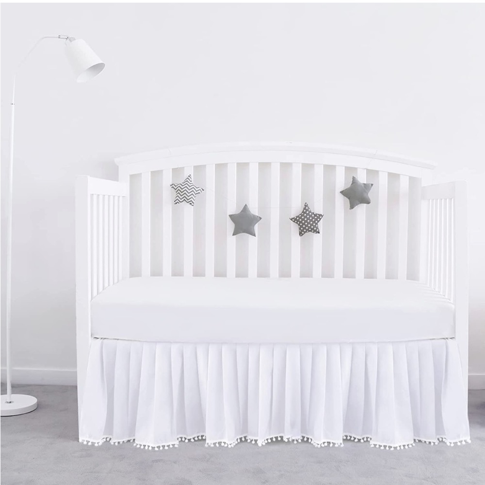 Crib Bed Skirt White Pleated with Tassel Pompoms Dust Ruffled 14" Drop
